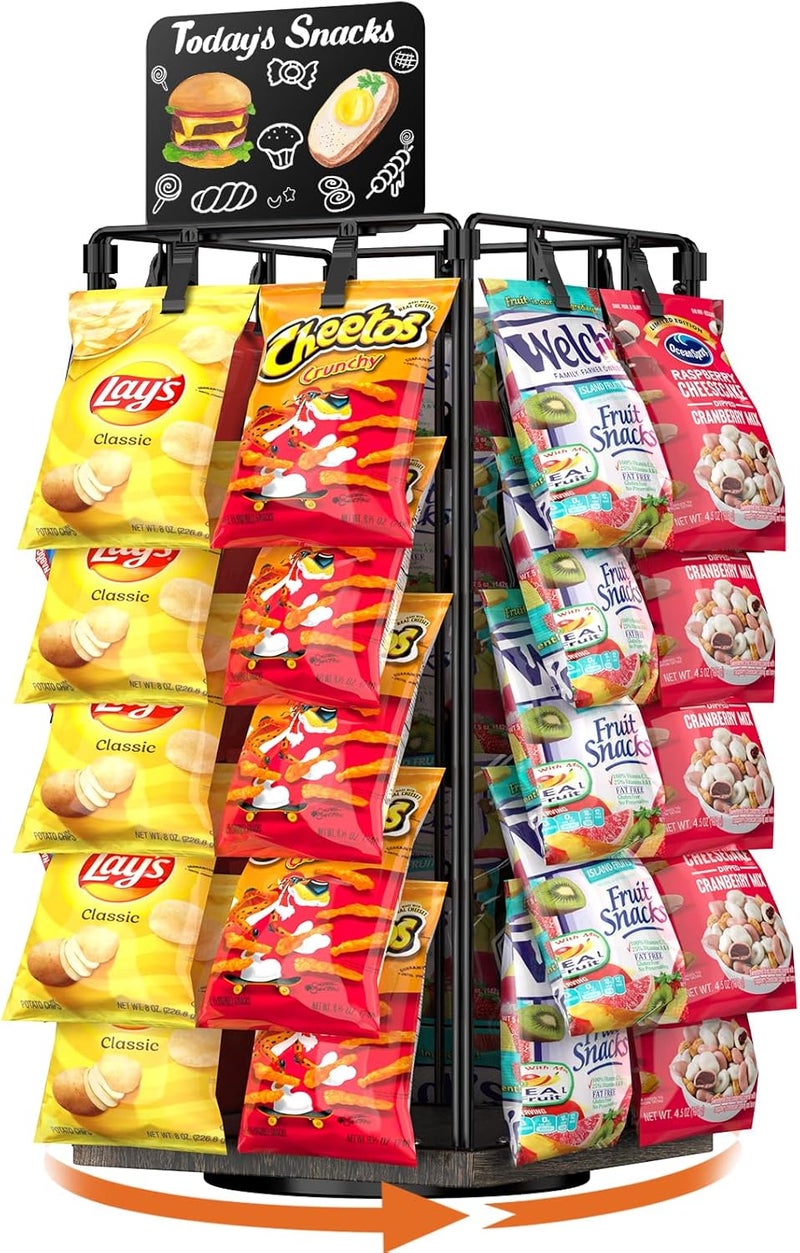 OFUSUY Chip Rack Display Stand, 5 Tiers 40 Clips Display Stand Easy Installation, 360°Rotating Wooden Base Chip Bag Holder for Concession Stand, Snack Organizer for Christmas Party, Retail(Dark Brown) - Image 1